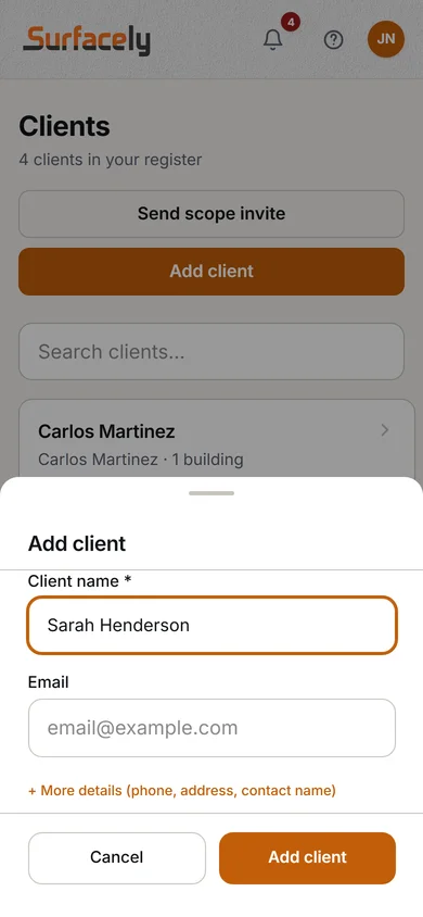 Surfacely new client form with name, email, and mobile fields filled in for a fictional client