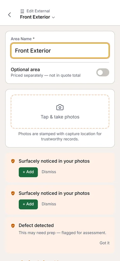 Surfacely area photos screen showing three site photos with AI suggestion chips for detected defects and probable surfaces