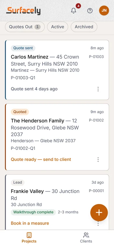 Surfacely projects pipeline showing cards at Lead, Sent, Won, and In Progress statuses with status badges