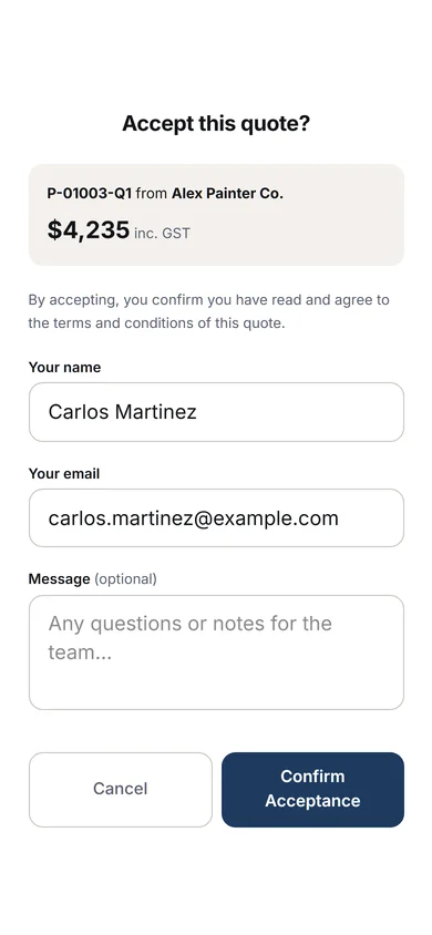 Surfacely client portal showing the quote acceptance page with the painter's logo, quote summary, and Accept button