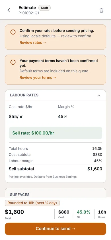 Surfacely quote builder showing surface line items grouped by area with hours, litres, and line totals