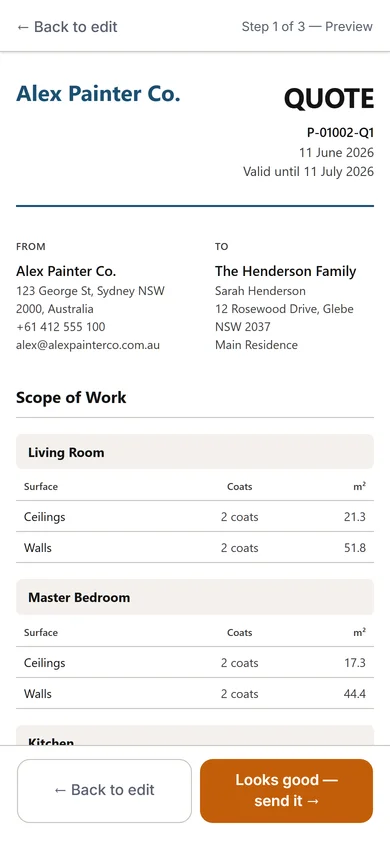 Surfacely send quote flow showing pre-send confirmation screen with locale check and payment terms
