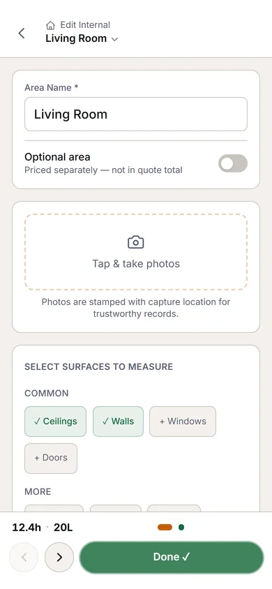 Surfacely measurement modal for a wall surface showing width 4.2m and height 2.7m entered on a mobile keypad