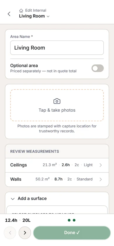Surfacely surface picker showing a grid of surfaces for a bedroom area — walls, ceiling, door, and skirting selected