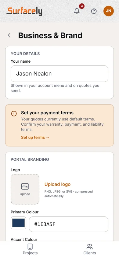 Surfacely Business and Brand settings page showing business name, logo upload, and brand colour fields