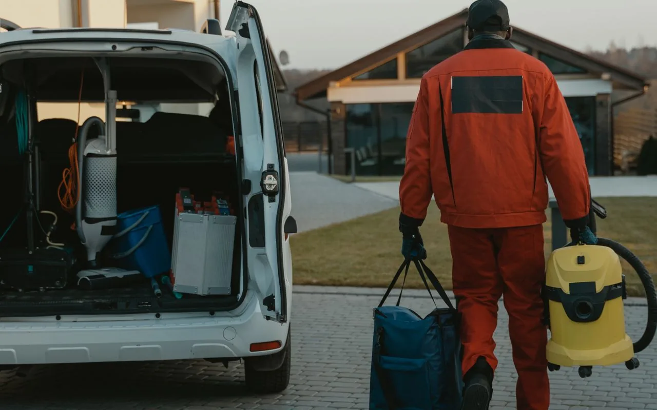 A painter arriving at a job with gear in hand and the van open, before finding what nobody mentioned.