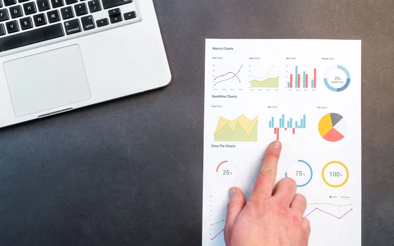 A hand tracing a bar chart beside a laptop — win rate read by estimator, job type and price band.